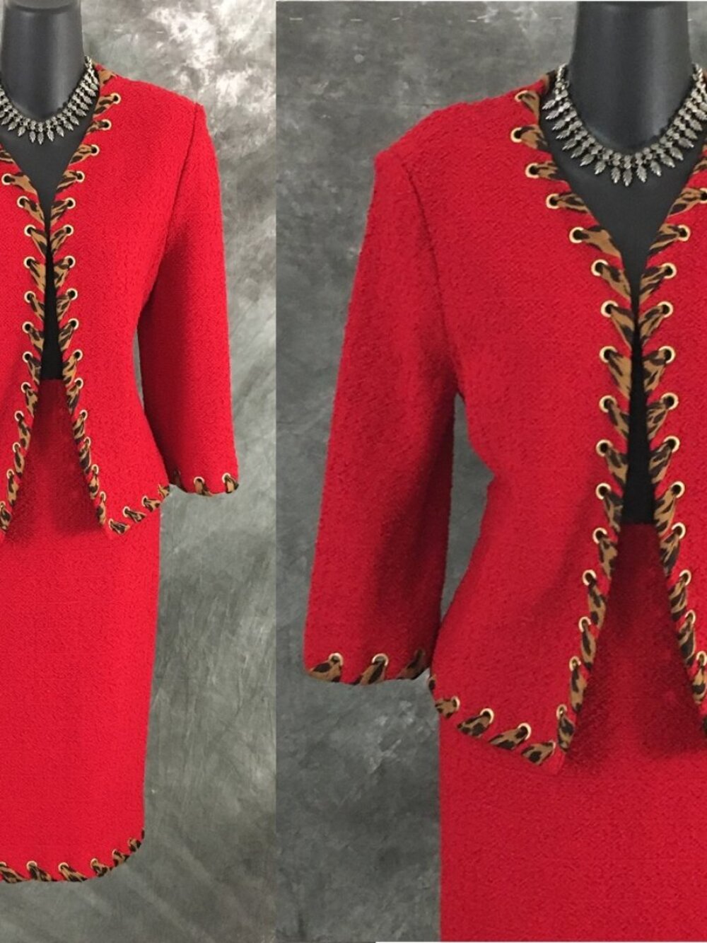 BEAUTIFUL St John collection knit red multi jacket skirt suit size 4